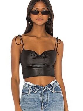 Superdown Cameron Tie Strap Liquid Metallic Black Ruched Crop Top- Indie Sleaze
